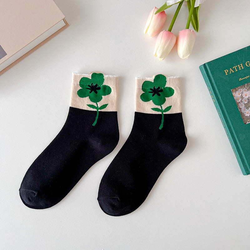 1 Paire de Chaussettes Femme Style Coréen Cartoon Flower Candy Color Harajuku Kawaii Mid Tube Socks Breathable Casual Short Socks