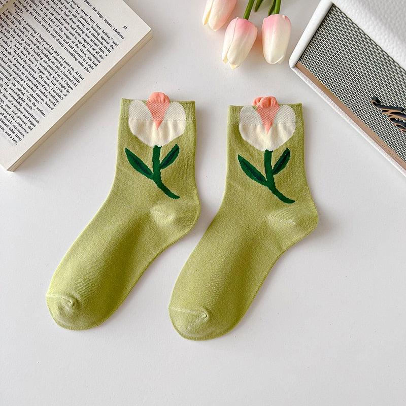 1 Paire de Chaussettes Femme Style Coréen Cartoon Flower Candy Color Harajuku Kawaii Mid Tube Socks Breathable Casual Short Socks