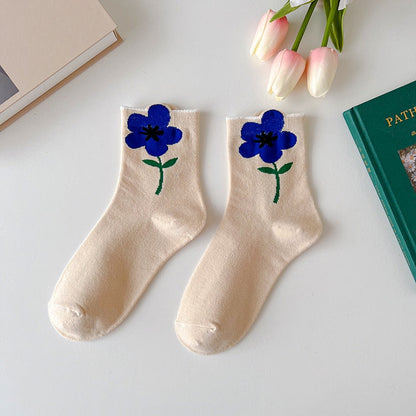 1 Paire de Chaussettes Femme Style Coréen Cartoon Flower Candy Color Harajuku Kawaii Mid Tube Socks Breathable Casual Short Socks