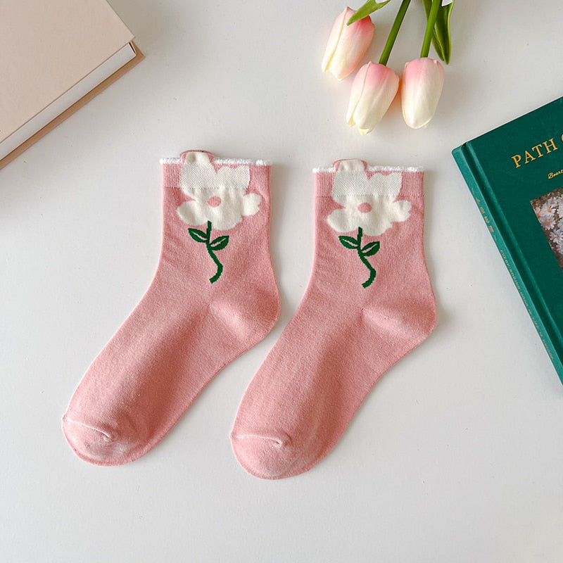 1 Paire de Chaussettes Femme Style Coréen Cartoon Flower Candy Color Harajuku Kawaii Mid Tube Socks Breathable Casual Short Socks
