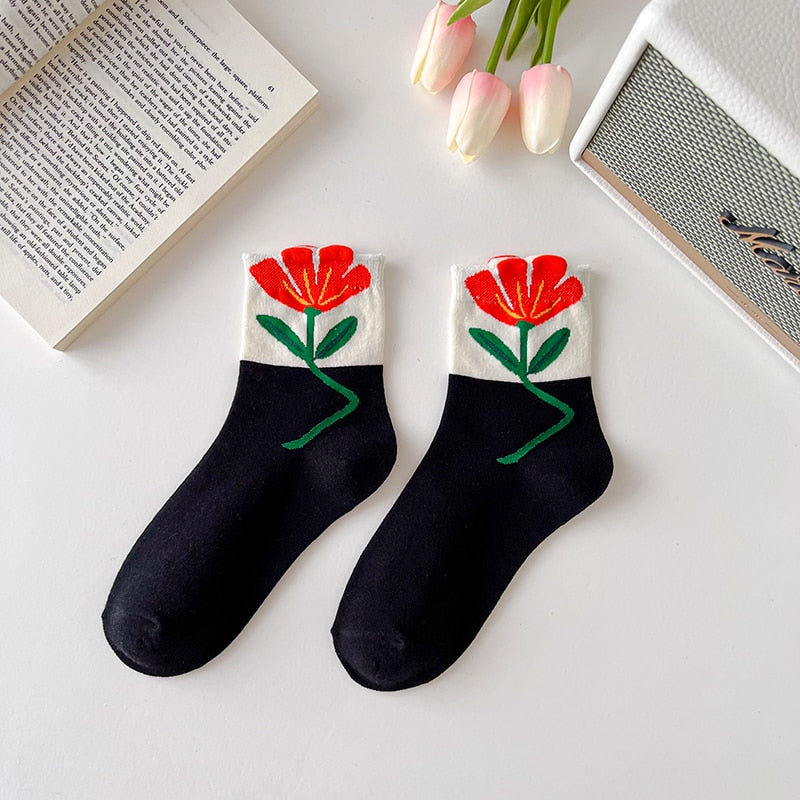 1 Paire de Chaussettes Femme Style Coréen Cartoon Flower Candy Color Harajuku Kawaii Mid Tube Socks Breathable Casual Short Socks