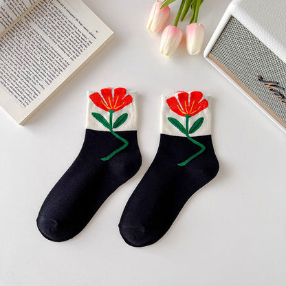 1 Paire de Chaussettes Femme Style Coréen Cartoon Flower Candy Color Harajuku Kawaii Mid Tube Socks Breathable Casual Short Socks