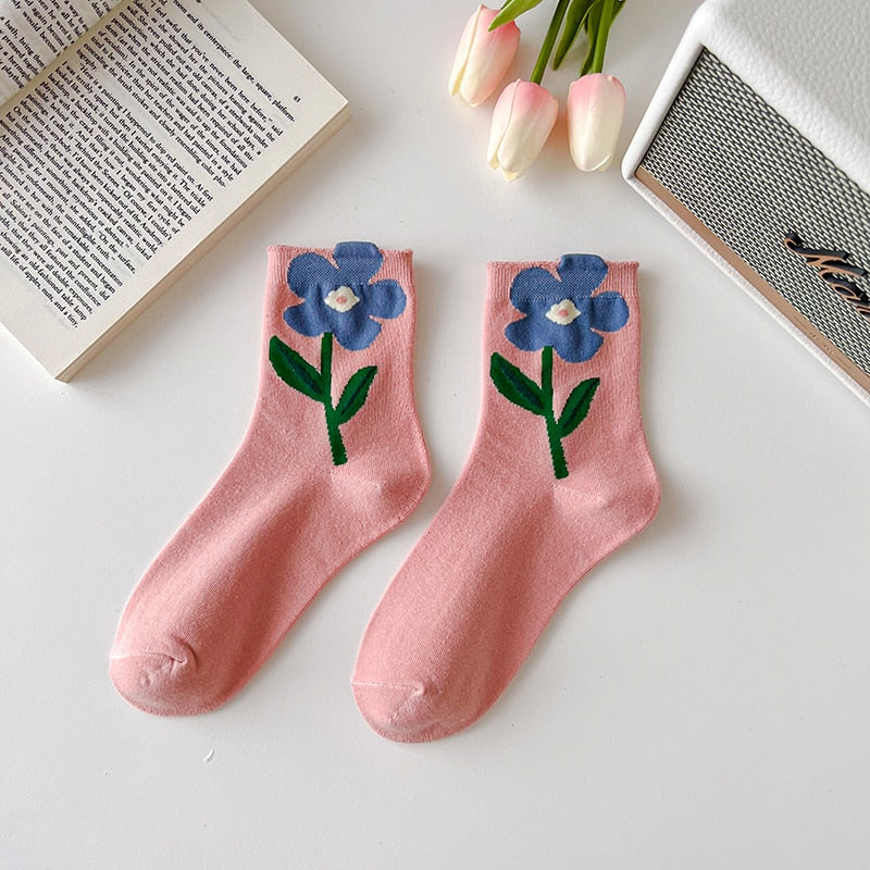 1 Paire de Chaussettes Femme Style Coréen Cartoon Flower Candy Color Harajuku Kawaii Mid Tube Socks Breathable Casual Short Socks