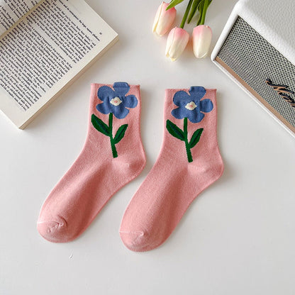 1 Paire de Chaussettes Femme Style Coréen Cartoon Flower Candy Color Harajuku Kawaii Mid Tube Socks Breathable Casual Short Socks