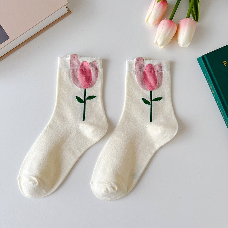 1 Paire de Chaussettes Femme Style Coréen Cartoon Flower Candy Color Harajuku Kawaii Mid Tube Socks Breathable Casual Short Socks