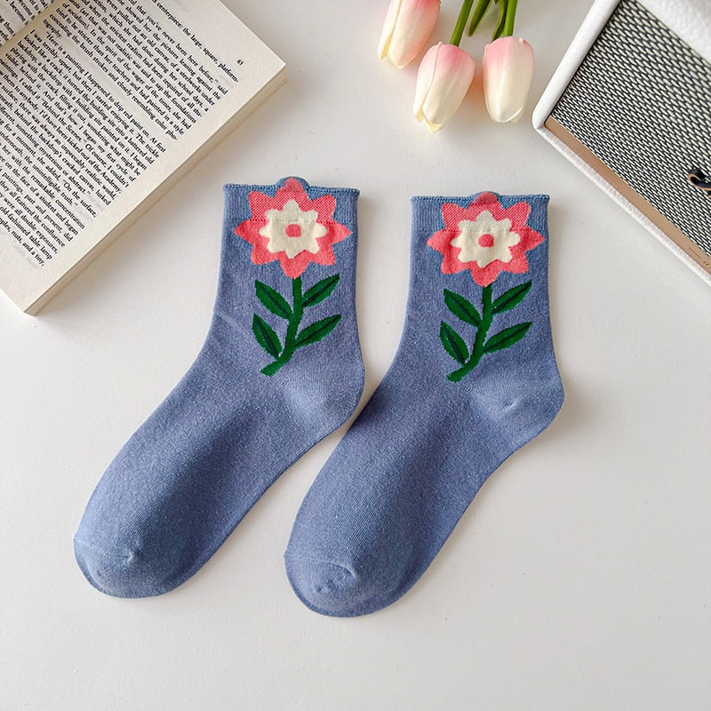 1 Paire de Chaussettes Femme Style Coréen Cartoon Flower Candy Color Harajuku Kawaii Mid Tube Socks Breathable Casual Short Socks