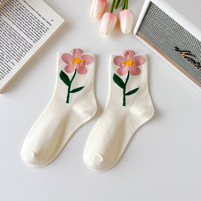 1 Paire de Chaussettes Femme Style Coréen Cartoon Flower Candy Color Harajuku Kawaii Mid Tube Socks Breathable Casual Short Socks